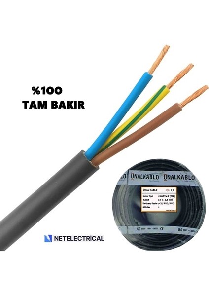 3x1.5 Ttr 15 Metre - Siyah Kaliteli %100 Tam Bakır Kablo