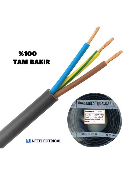 3x2.5 Ttr 50 Metre - Siyah Kaliteli %100 Tam Bakır Kablo