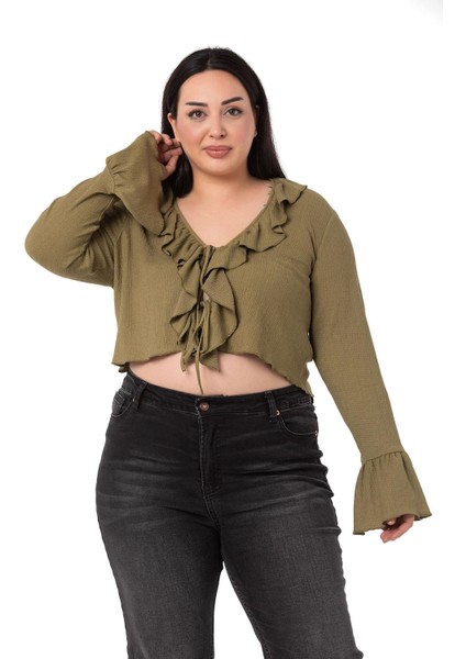 Büyük Beden Yakası ve Kolu Fırfır Detaylı Bağlamalı Haki Bolero fiyatları