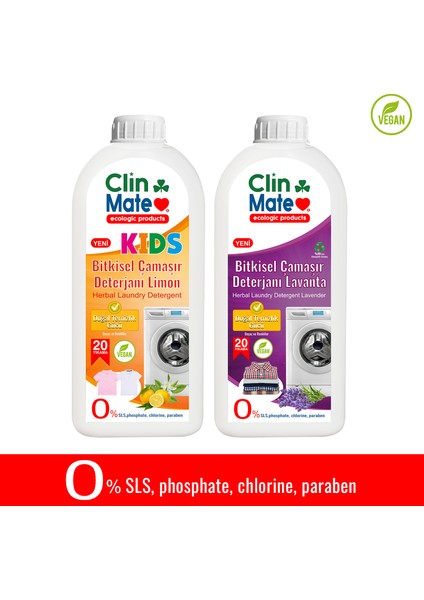 2'li Set Kids Bitkisel Çocuk Çamaşır Deterjanı Limon - Çamaşır Deterjanı Lavanta 750 ml 40 Yk