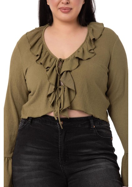 Büyük Beden Yakası ve Kolu Fırfır Detaylı Bağlamalı Haki Bolero fırsatları