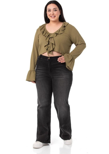 Büyük Beden Yakası ve Kolu Fırfır Detaylı Bağlamalı Haki Bolero indirimleri