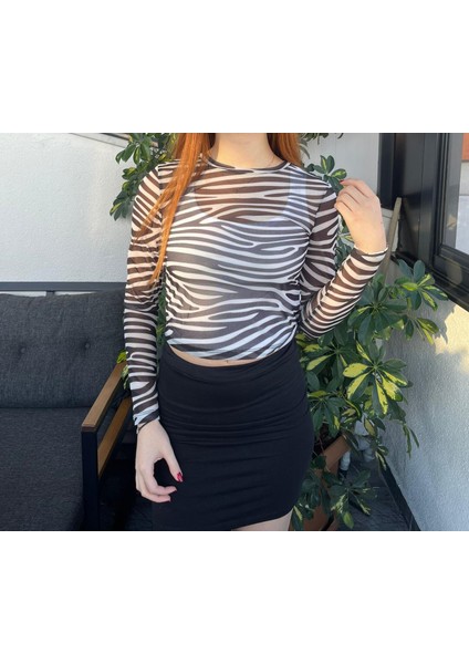 Kadın Zebra Desenli Tül Bisiklet Yaka Body fiyatları
