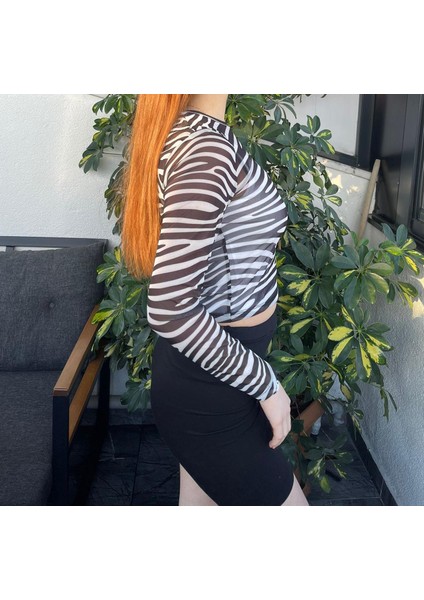 Kadın Zebra Desenli Tül Bisiklet Yaka Body modelleri