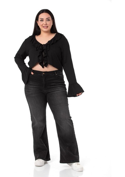 Büyük Beden Yakası ve Kolu Fırfır Detaylı Bağlamalı Siyah Bolero