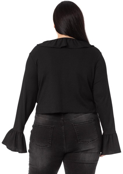 Büyük Beden Yakası ve Kolu Fırfır Detaylı Bağlamalı Siyah Bolero modelleri