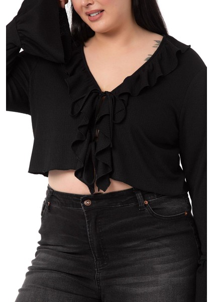Büyük Beden Yakası ve Kolu Fırfır Detaylı Bağlamalı Siyah Bolero fırsatları
