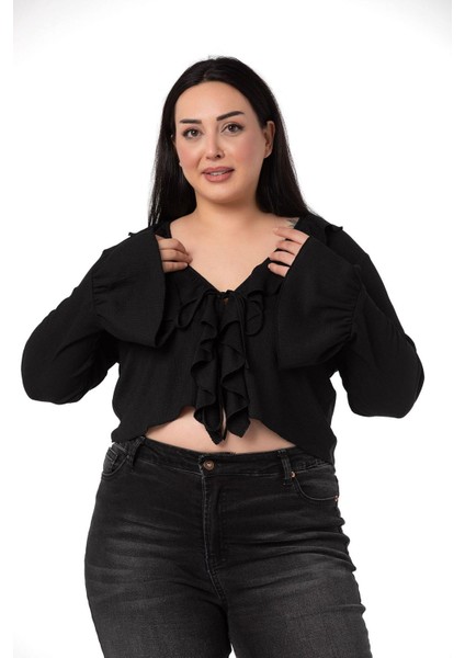 Büyük Beden Yakası ve Kolu Fırfır Detaylı Bağlamalı Siyah Bolero indirimleri