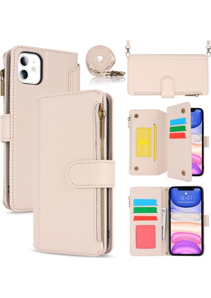 iPhone11 Kart Yuvaları Için Cep Telefonu Kasası Pu Deri Kapak Fermuarlı Cep-Beyaz ile (Yurt Dışından)