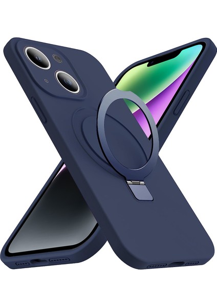 iPhone14 Plus Içinsıvı Silikon Kasa Artı Manyetik Halka Telefon Kabuğu Gizli Kickstand Kapak-Navy Mavi (Yurt Dışından)