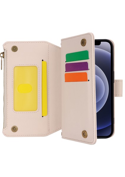 iPhone12 Mini 5.4 Inç Telefon Kapağı Manyetik Toka Pu Deri Cüzdan Kabuk-Beyaz (Yurt Dışından)