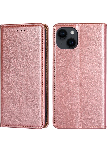 iPhone15 Manyetik Kapatma Stand Stand Cüzdan Tam Koruma Pu Deri+Tpu Telefon Kapak Çizgisi Altın (Yurt Dışından)