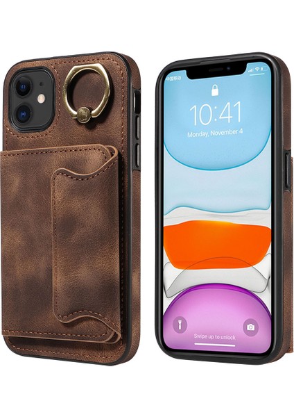 iPhone11 Pu Deri+Tpu Kart Tutucu Kapak Yüzüğü Kickstand Şok Geçirmez Telefon Vaka-Brown (Yurt Dışından)