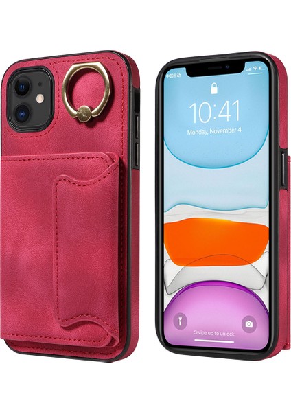 iPhone11 Pu Deri+Tpu Kart Tutucu Kapak Halkası Kickstand Şok Geçirmez Telefon Kasa-Kırmızı (Yurt Dışından)