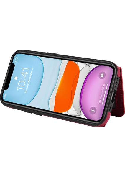 iPhone11 Pu Deri+Tpu Kart Tutucu Kapak Halkası Kickstand Şok Geçirmez Telefon Kasa-Kırmızı (Yurt Dışından) fırsatları