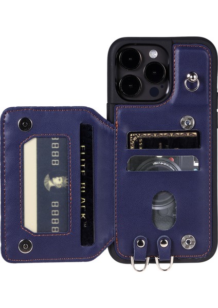 iPhone15 Pro Kickstand Case Pu Deri Kaplamalı Tpu Rfıd Engelleme Telefon Kabuğu Bilek Kayış Mavisi (Yurt Dışından)