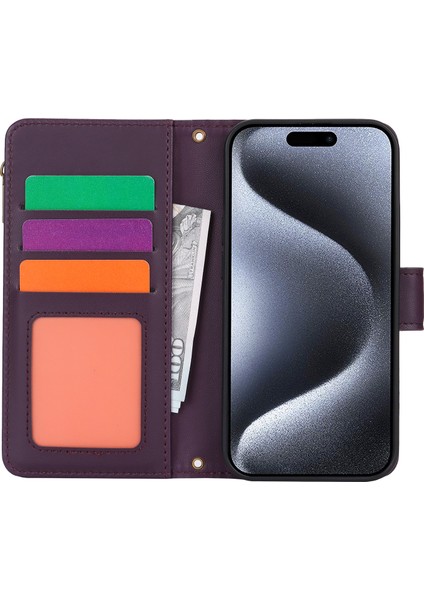 iPhone13 Pro 6.1 Inç Için Çoklu Kart Yuvası Katlanıyor Deri Telefon Kapağı-Dark Mor (Yurt Dışından)