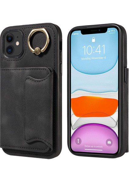 iPhone11 Pu Deri+Tpu Kart Tutucu Kapak Yüzüğü Kickstand Şok Geçirmez Telefon Vaka Black (Yurt Dışından)