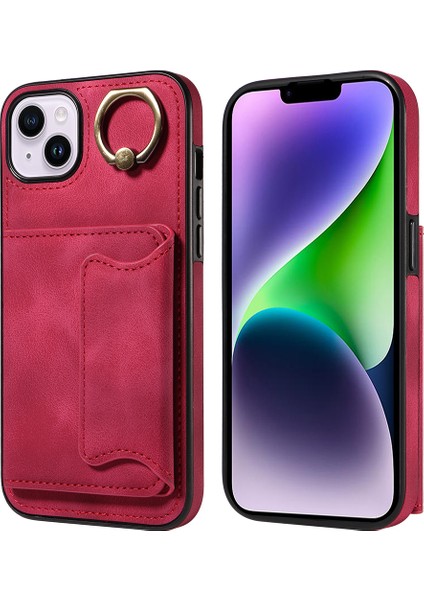 iPhone14 Kart Tutucu Yüzüğü Kickstand Anti-Damla Kapağı Pu Deri Kaplı Tpu Telefon Kasa-Kırmızısı (Yurt Dışından)