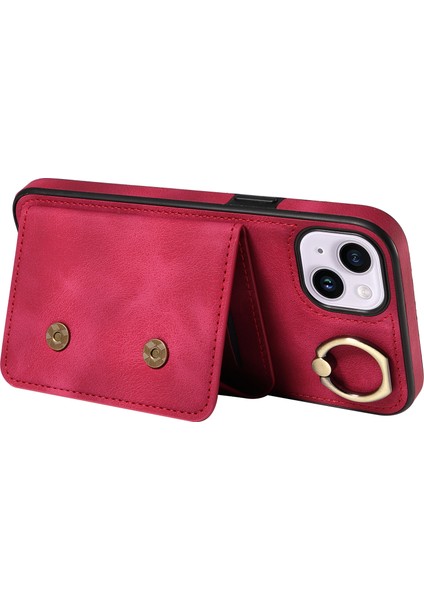 iPhone14 Kart Tutucu Yüzüğü Kickstand Anti-Damla Kapağı Pu Deri Kaplı Tpu Telefon Kasa-Kırmızısı (Yurt Dışından) modelleri