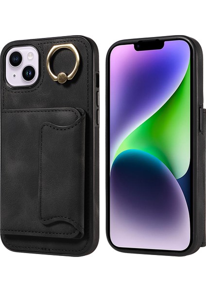 iPhone14 Kart Tutucu Yüzüğü Kickstand Anti-Drop Kapak Pu Deri Kaplı Tpu Telefon Kasa-Siyah (Yurt Dışından)
