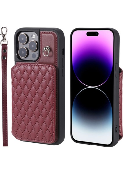 iPhone14 Pro Rfıd Engelleme Kart Tutucu Kılıf Pu Deri+Tpu Telefon Kickstand Kapak Bilek Kayış-Wine Kırmızı (Yurt Dışından)