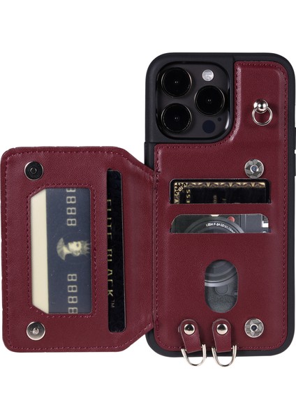 iPhone14 Pro Rfıd Engelleme Kart Tutucu Kılıf Pu Deri+Tpu Telefon Kickstand Kapak Bilek Kayış-Wine Kırmızı (Yurt Dışından) fiyatları