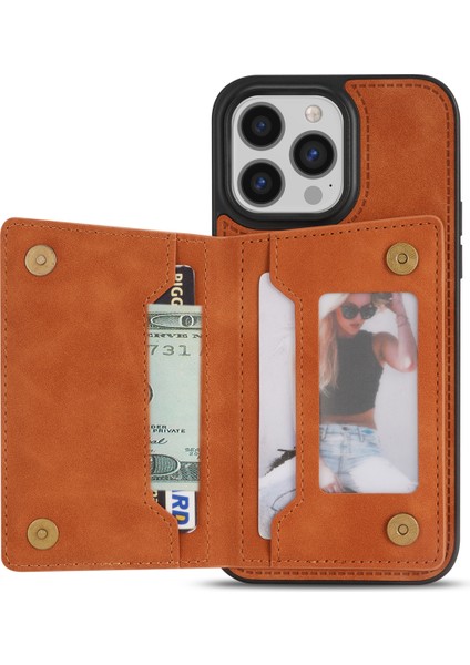 iPhone15 Pro Max Kart Tutucu Kickstand Pu Deri+Tpu Hattı Bir Ekleme Telefon Vaka-Orange (Yurt Dışından)