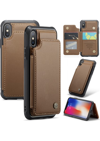iPhoneX/xs Case 4 Kart Yuvaları Için Litchi Doku Kickstand Telefon Kapak-Kahverengi (Yurt Dışından)