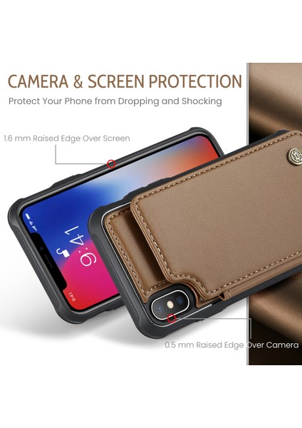 iPhoneX/xs Case 4 Kart Yuvaları Için Litchi Doku Kickstand Telefon Kapak-Kahverengi (Yurt Dışından)