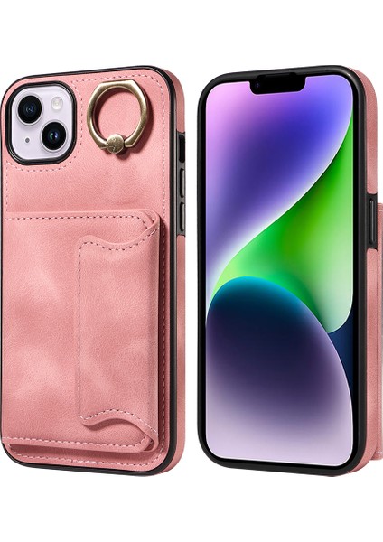 iPhone14 Kart Tutucu Yüzüğü Kickstand Anti-Damla Kapak Pu Deri Kaplı Tpu Telefon Vaka-Pembe (Yurt Dışından)