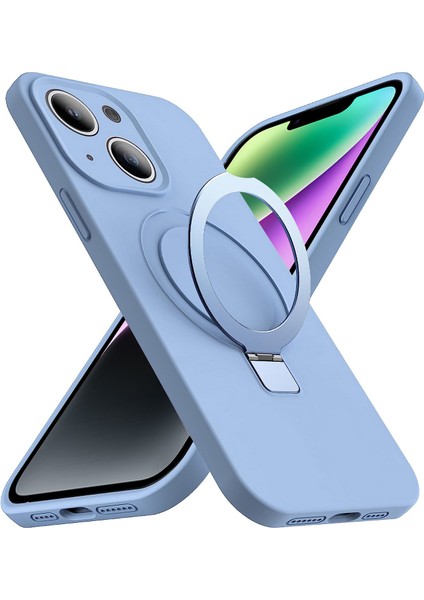 iPhone14 Plus Içinsıvı Silikon Kasa Artı Manyetik Halka Telefon Kabuğu Gizli Kickstand Cover-Mavi (Yurt Dışından)