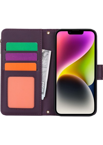 iPhone13 Için 6.1 Inç Cep Telefonu Kasası Birden Fazla Kart Yuvası Deri Cüzdan Kapak-Dark Mor (Yurt Dışından) modelleri