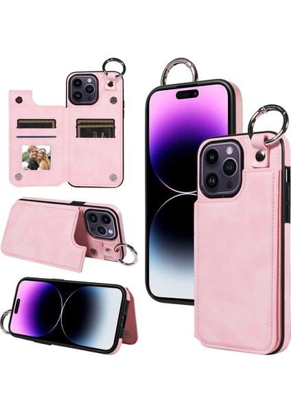 Apple iPhone14 Pro Case Bırak Damalı Pu Deri+Tpu Telefon Kapağı Kickstand Shell-Pink (Yurt Dışından)