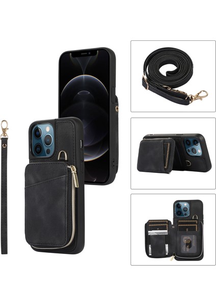 Apple iPhone12 Pro Max Imum Cep Telefon Kılıfı Strap Pu Deri+Tpu Kickstand Cover-Black (Yurt Dışından)