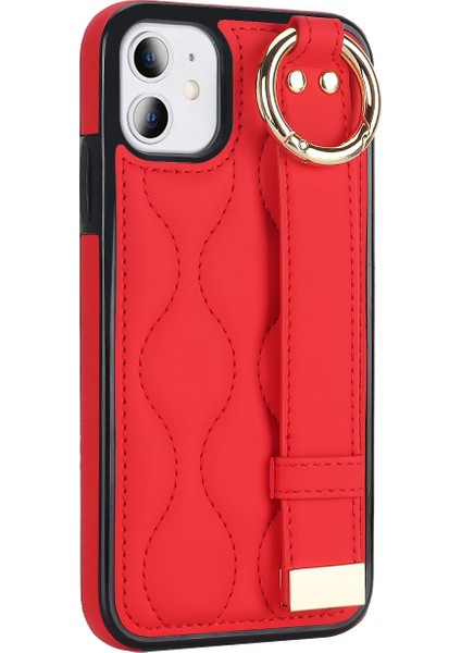 Apple iPhone11 Case Wristband Kickstand Wave Desen Anti Drop Pu+Tpu Telefon Kapak-Kırmızı (Yurt Dışından)
