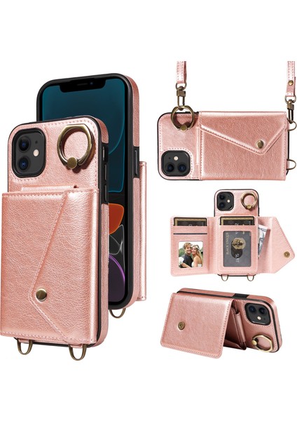 Apple iPhone11 Kart Çantası Için Ring Kickstand Kapağı Litchi Doku Deri+Tpu Telefon Kılıfı Omuz Kayışı Rose Altın (Yurt Dışından)
