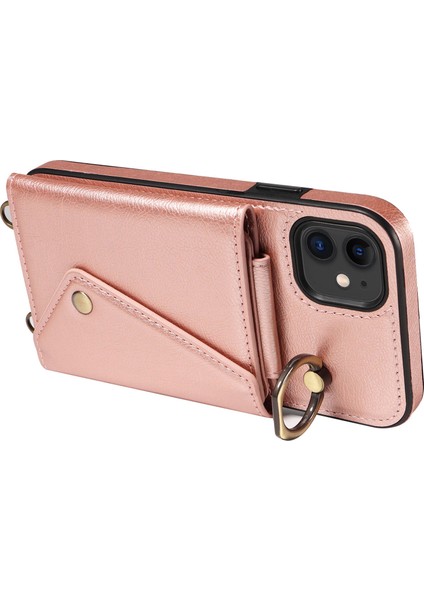 Apple iPhone11 Kart Çantası Için Ring Kickstand Kapağı Litchi Doku Deri+Tpu Telefon Kılıfı Omuz Kayışı Rose Altın (Yurt Dışından)