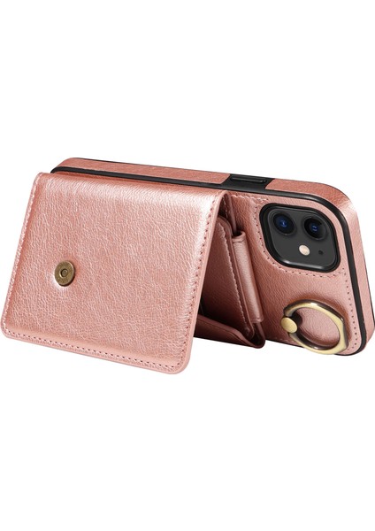 Apple iPhone11 Kart Çantası Için Ring Kickstand Kapağı Litchi Doku Deri+Tpu Telefon Kılıfı Omuz Kayışı Rose Altın (Yurt Dışından)