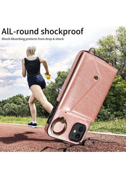 Apple iPhone11 Kart Çantası Için Ring Kickstand Kapağı Litchi Doku Deri+Tpu Telefon Kılıfı Omuz Kayışı Rose Altın (Yurt Dışından)