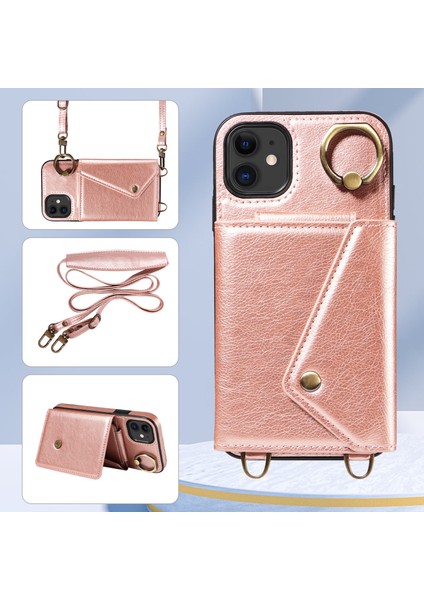 Apple iPhone11 Kart Çantası Için Ring Kickstand Kapağı Litchi Doku Deri+Tpu Telefon Kılıfı Omuz Kayışı Rose Altın (Yurt Dışından)