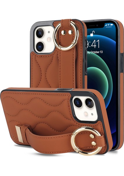 Apple iPhone12 Mini Case Wave Desen Pu+Tpu Kickstand Telefon Kapak-Kahverengi (Yurt Dışından)