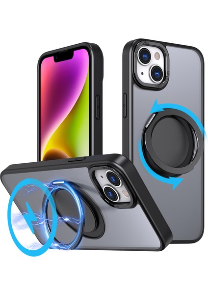 Apple iPhone14 Plus Manyetik Telefon Kılıfı Gizli Dişli Rotary Yüzüğü Kickstand-Black (Yurt Dışından)