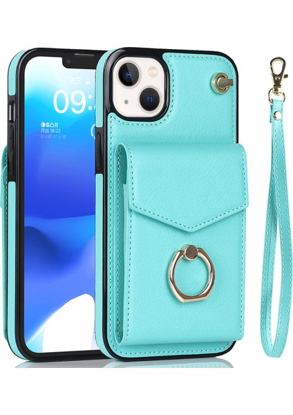Apple iPhone13 Mini 5.4 Inç Kasa Akordeon Stili Pu+Tpu Rfıd Engelleme Kickstand Telefon Kapağı Kayış Nane Yeşil (Yurt Dışından)