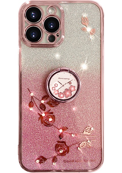 Apple iPhone14 Pro Cep Telefonu Kılıfı ile Halka Kickstand Çiçek Deseni Glitter Tpu Kapak Çizgisi Altın (Yurt Dışından)