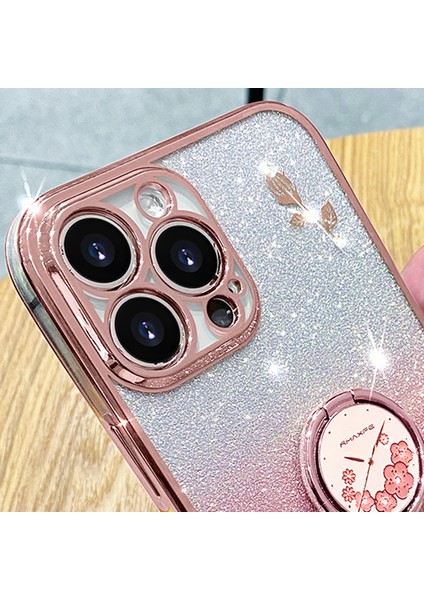 Apple iPhone14 Pro Cep Telefonu Kılıfı ile Halka Kickstand Çiçek Deseni Glitter Tpu Kapak Çizgisi Altın (Yurt Dışından)