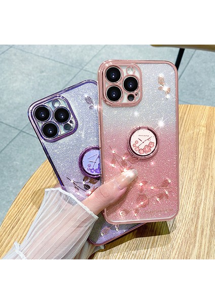 Apple iPhone14 Pro Cep Telefonu Kılıfı ile Halka Kickstand Çiçek Deseni Glitter Tpu Kapak Çizgisi Altın (Yurt Dışından)