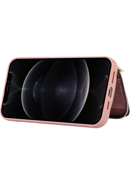 Apple iPhone12 Pro Max Cep Telefon Kılıfı Strap Pu Deri+Tpu Kickstand Kapak Pembe (Yurt Dışından)