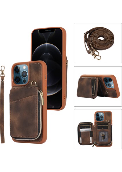 Apple iPhone12 Pro Max Imum Cep Telefon Kılıfı Strap Pu Deri+Tpu Kickstand Cover-Brown (Yurt Dışından)