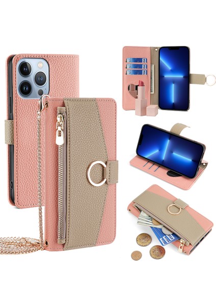 Apple iPhone13 Pro Deri Derecesi Için Cüzdan Stand-Pink ile Crossbody Telefon Kapağı (Yurt Dışından)